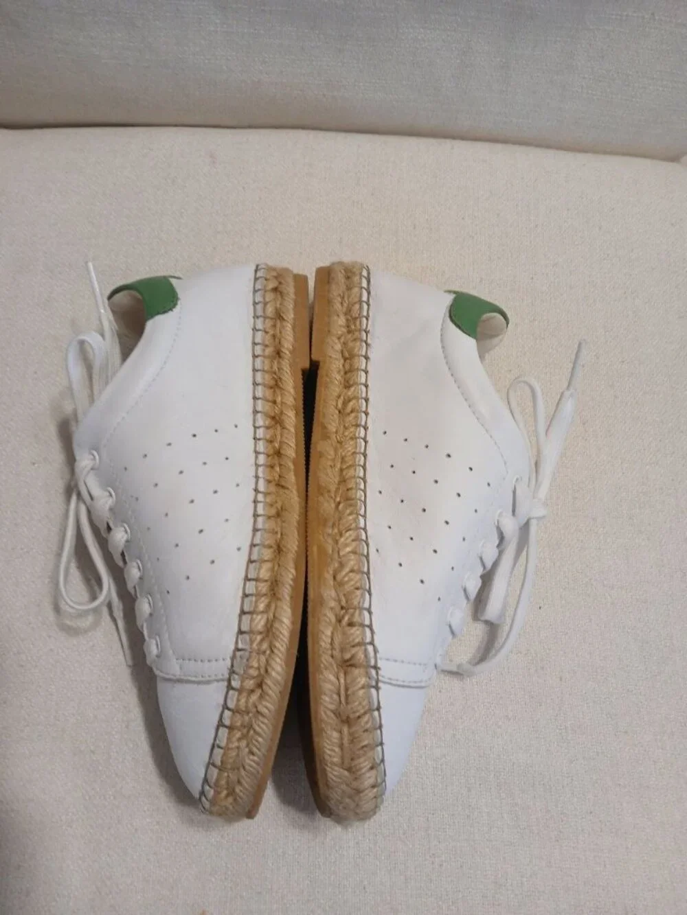 Andrew Stevens Made in Spa White Leather Espadrille Sneakers Green Heel Size 36